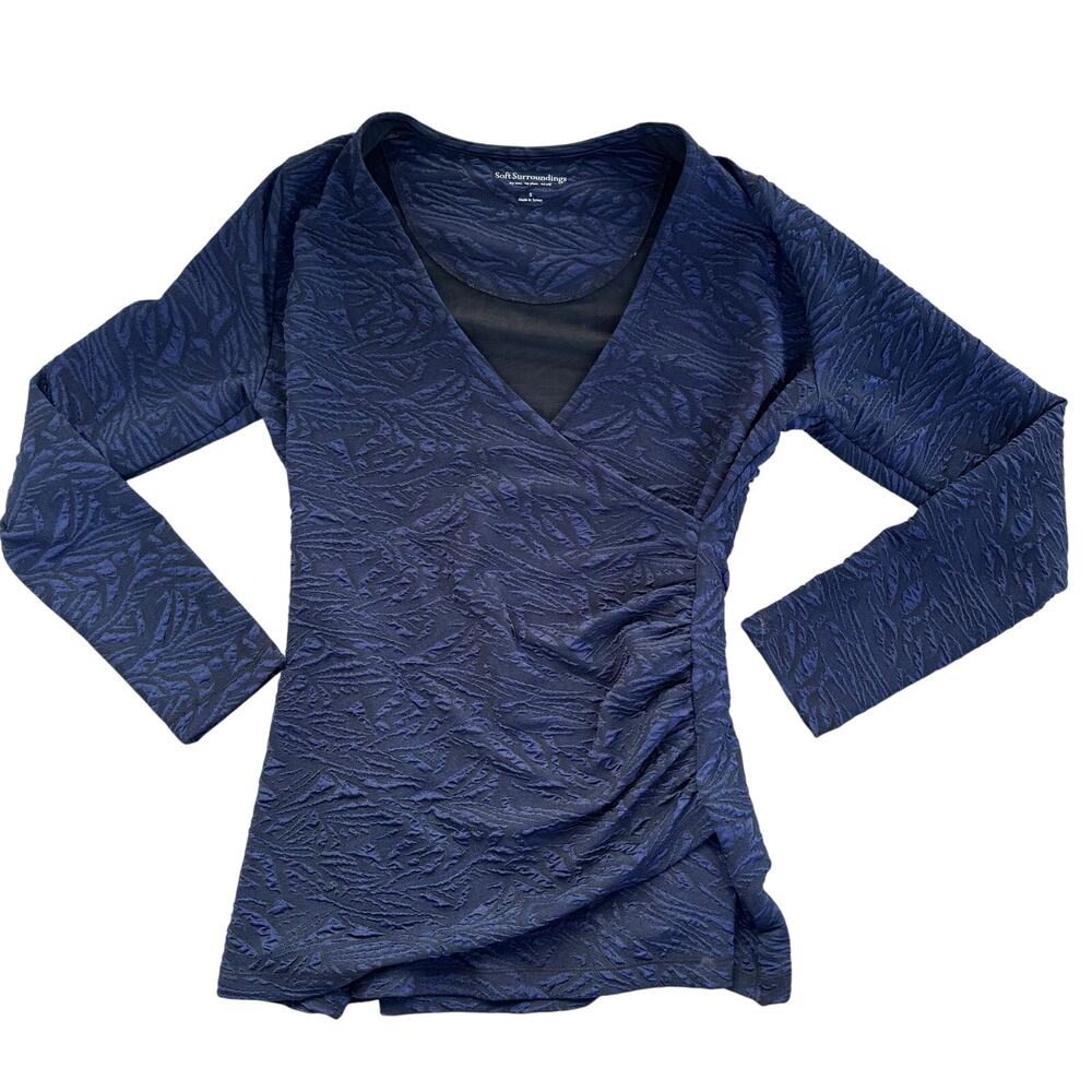 Soft Surroundings Super Lux Midnight Black Blue Floral Wrap Shirt Top Small